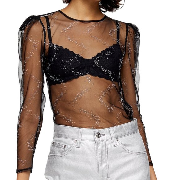 Topshop Tops - Topshop Crystal Embellished Sheer Mesh Top